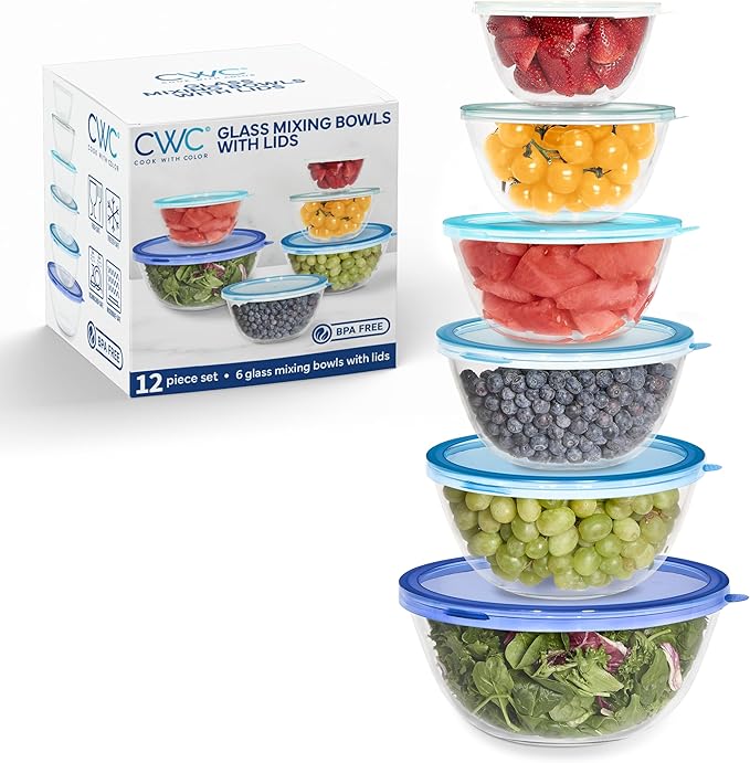 COOK WITH COLOR 12 Pc Glass Mixing Bowl Set with Lids – Borosilicate Glass Nesting Bowls for Cooking, Baking and Meal Prep, Blue