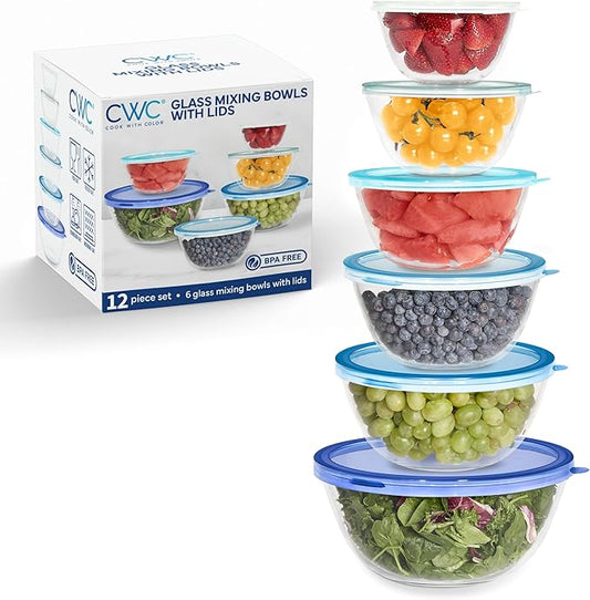 COOK WITH COLOR 12 Pc Glass Mixing Bowl Set with Lids – Borosilicate Glass Nesting Bowls for Cooking, Baking and Meal Prep, Blue