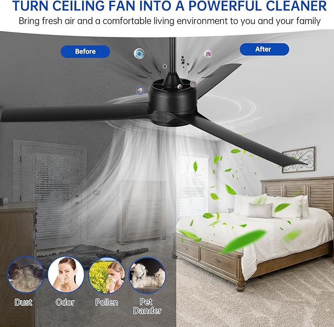52 Inch Black Ceiling Fan with Filters Lights Remote Control, Quiet DC Motor/Dimmable 3 Colors LED/6 Speed High CFM/3 Blade Indoor Ceiling Fans with Light for Bedroom Living Room Porch