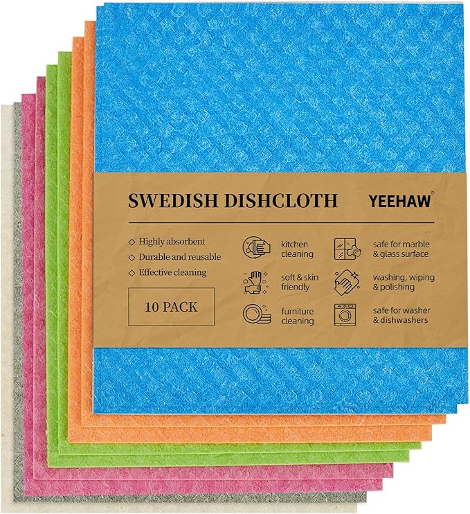 YEEHAW Swedish Dishcloths for Kitchen 10 Pack, Cellulose Sponge Cloths, No Odor Reusable Cleaning Cloths, Super Absorbent Dish Cloth Hand Towel for Kitchen, Bathroom, Glass Surface, Furniture