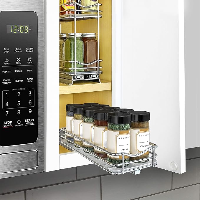 LYNK PROFESSIONAL® Pull Out Spice Rack Organizer for Inside Kitchen Cabinets - 4-3/8 inch Wide - Slide Out Drawer – Chrome Sliding Spice Cabinet Organization Shelf Racks - 1 Tier