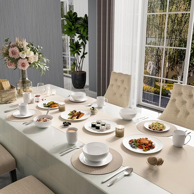 Yoshy 16-Piece White Embossed Mesh Bone China Dinnerware with Lightweight Durable Chip Resistant Design Service for 4