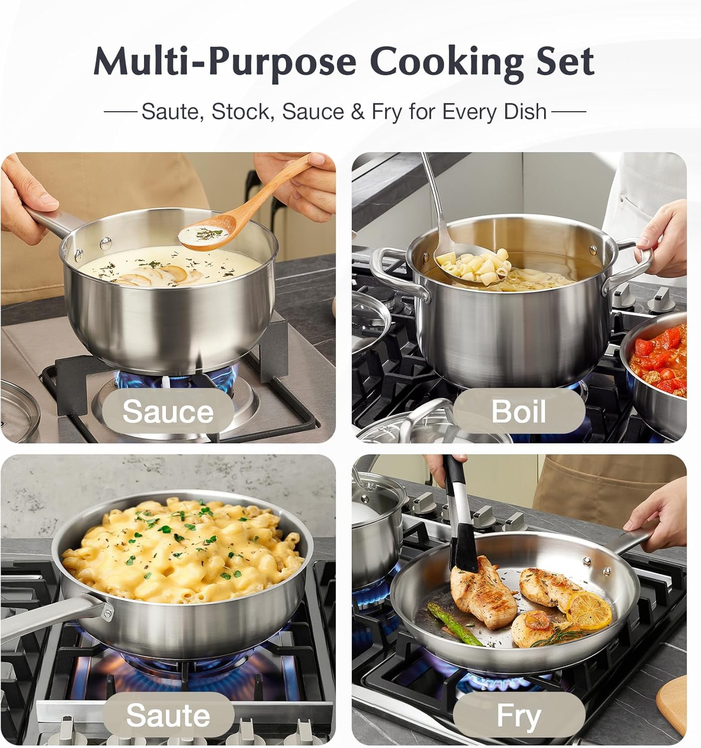 KOCH SYSTEME CS Stainless Steel Pots and Pans Set, 10 Piece Stainless Steel Cookware Set for Professional Cooking, Kitchen Cookware Sets, Induction Compatible Cookware Set 10 Pcs, Pots and Pans