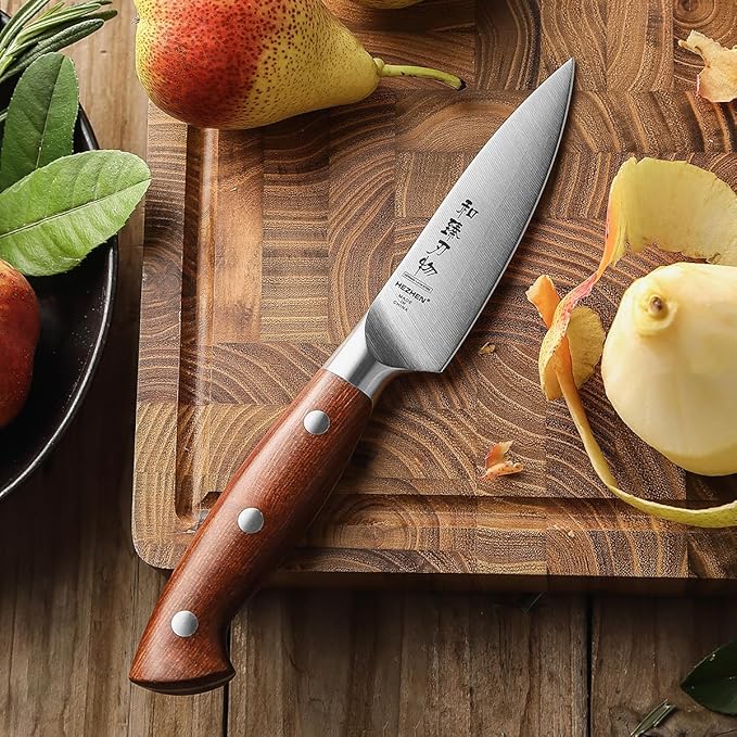 HEZHEN 4.3 inch Blade Paring Kitchen Knife,High-Carbon 1.4116 German Steel Cutlery, Ergonomic Red Wood Handle Petty Knives for Home Chefs, Ultimate Paring Knife for Utility Tasks
