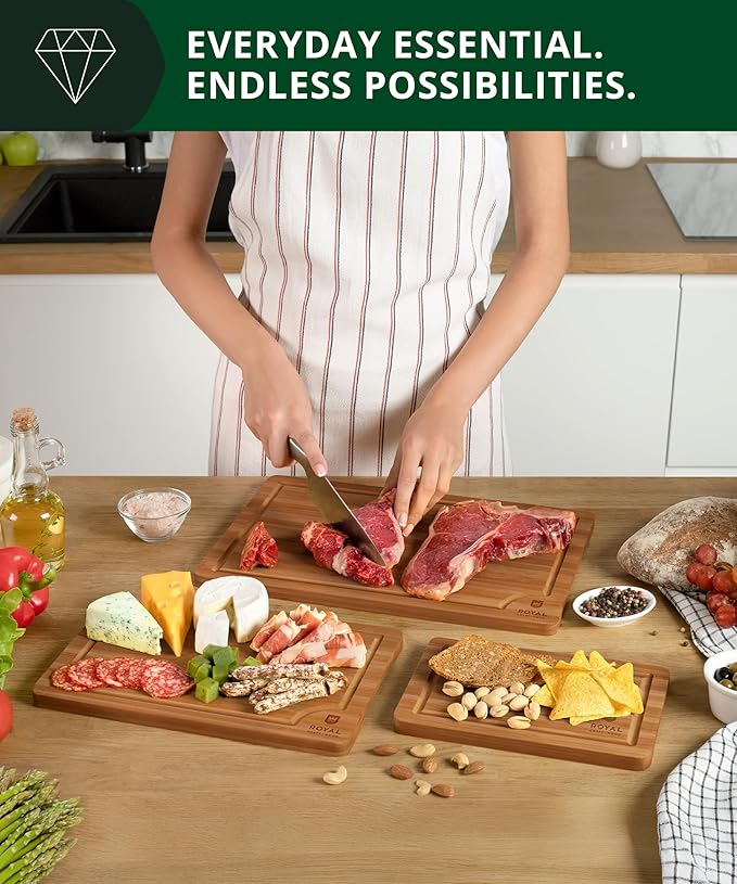 ROYAL CRAFT WOOD Wooden Cutting Boards for Kitchen Meal Prep & Serving - Bamboo Wood Serving Board Set with Deep Juice Groove Side Handles - Charcuterie & Chopping Butcher Block for Meat (3 Pcs)