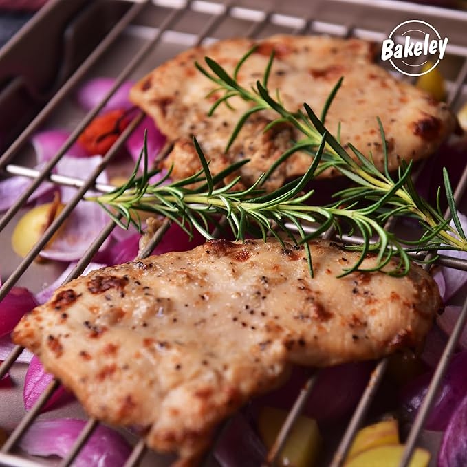 Roasting Pan with Rack, 11-Inch Non-Stick Square Shallow Dish Sheet Pan with Wire Rack for Oven Baking, BBQ and Roasting 11.2" x 11.2" x 1.3" (Champagne Gold)