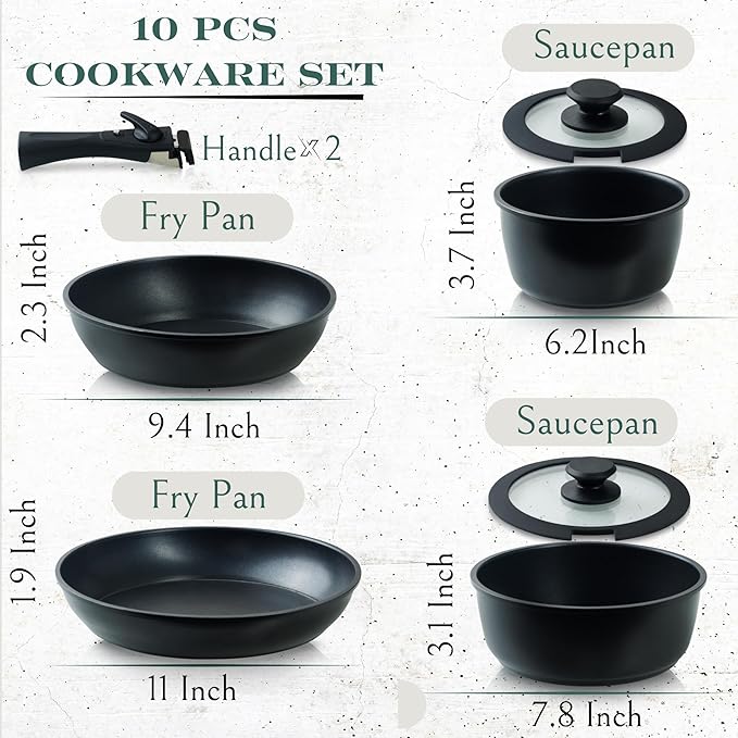 Moss & Stone 10pcs Black Pots and Pans Set Non Stick, Cookware Sets Detachable Handle, RV Kitchen Set Removable Handle, Oven Safe, Induction Ready, Stackable Non-stick Set, Camping Cookware Set