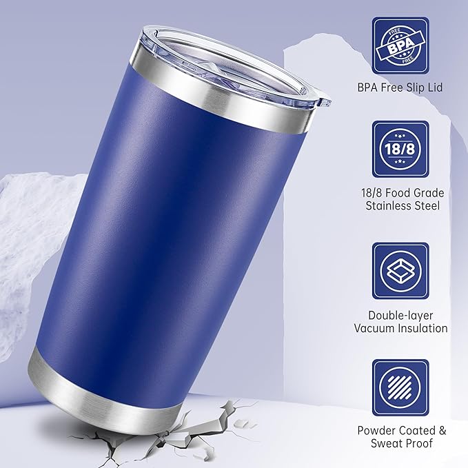 20 oz Tumbler Stainless Steel Tumblers with Lid Double Wall Vacuum Insulated Coffee Mug 20oz Powder Coated Cup for Hot and Cold Drinks, Blue, 1 pack