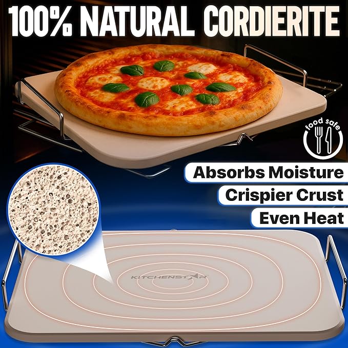 KitchenStar 15x12-inch Pizza Stone for Oven & BBQ Grill with Handles, Rectangular, 5/8" Thick - Natural Cordierite, 1800°F Resistant, Baking Stone Set with Stainless Steel Rack & Plastic Scraper Tool