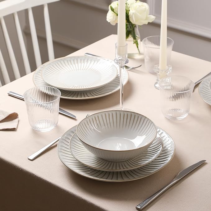 Stone Lain Linea 32-Piece Dinnerware Set Stoneware, Soda Lime Glass, White