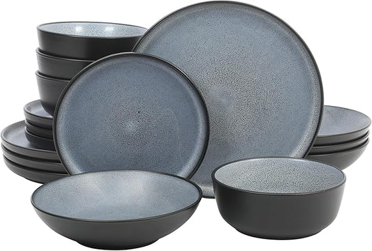Gibson Elite Tribeca Loft 16-Piece Dinnerware Set – Matte Black and Blue Reactive Glaze Stoneware, Double Bowl Round Plates and Bowls – Modern Rustic Dinnerware for 4, Dishwasher & Microwave Safe