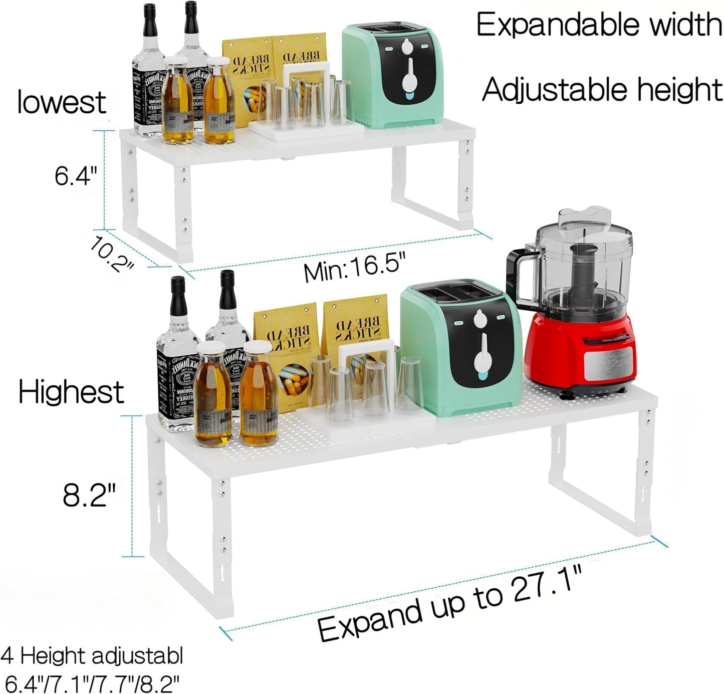 Heavy-Duty Adjustable Metal Shelf Organizer - Expandable & Stackable Pantry Storage Rack for Kitchen, Bathroom, RV, Cabinets(3 Packs/White, Large)