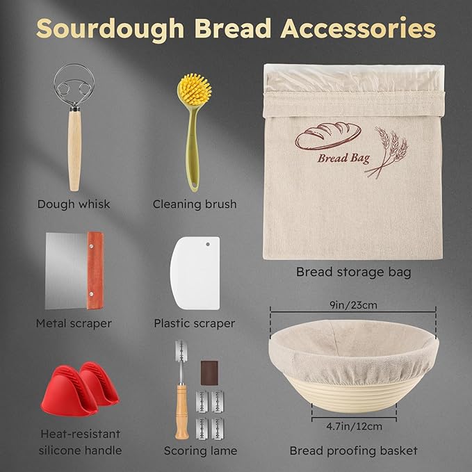 5QT Cast Iron Dutch Oven for Bread Baking, Proofing Basket Sourdough Starter Kit, 2 in 1 Bread Making Pan Pot with Lid, Sour Dough Tools Set Includes Lame Supplies, Gifts for Baker
