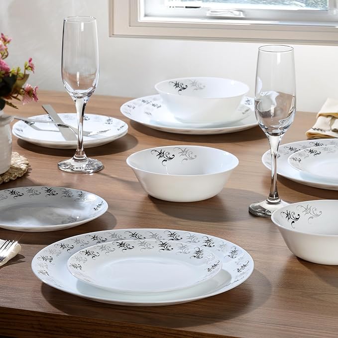 Cello Regal Dinnerware Set of 18 pieces, Service for 6, Chip & Scratch Resistant, Lightweight Round Plates and Bowls Set, Microwave & Dishwasher safe, Opalware Dinner Set, Black Magic