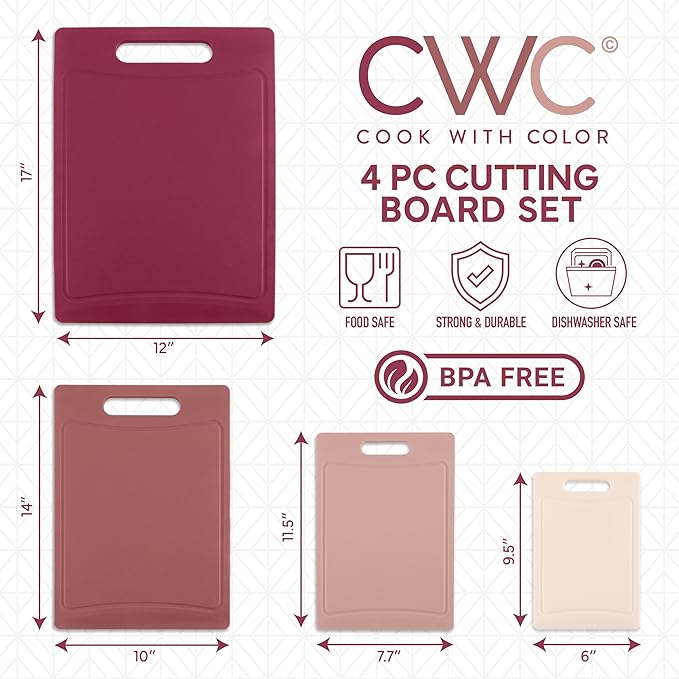 COOK WITH COLOR Non-Slip Cutting Board Set – Kitchen Essentials with Easy Grip Handle for Meat, Veggies, and Fruits, 4 Cutting Boards, Rose