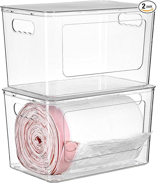 Vtopmart 2 Pack Trash Bag Holder, Stackable Garbage Bag Dispenser for 13/30/33 Gallon Bags, Clear Organizer Bins for Under Kitchen Sink, Laundry Room Organization and Storage