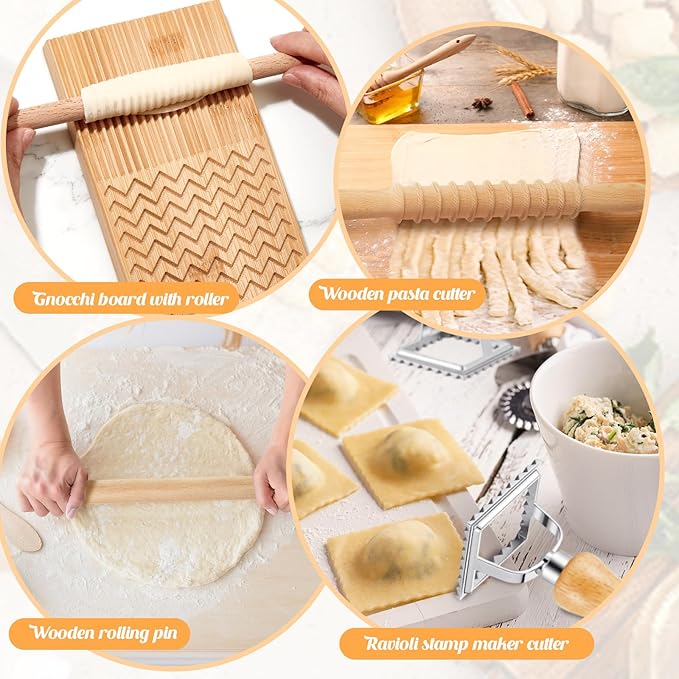 Tioncy 7 Pcs Pasta Making Tool Set Wood Gnocchi Board with Ravioli Stamp Ravioli Maker and Rolling Pin Homemade Gnocco Maker Kitchen Gift for Christmas Baking Lovers(Design Gnocchi Board Set)