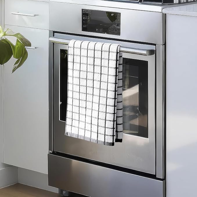 Homaxy Premium Cotton Kitchen Towels 16"x 28", Large Natural Ring Spun 390 GSM Dish Towels, Super Absorbent Terry Kitchen Hand Towels, Soft Tea Towel with Hanging Loop, Black Check Design, 6 Pack