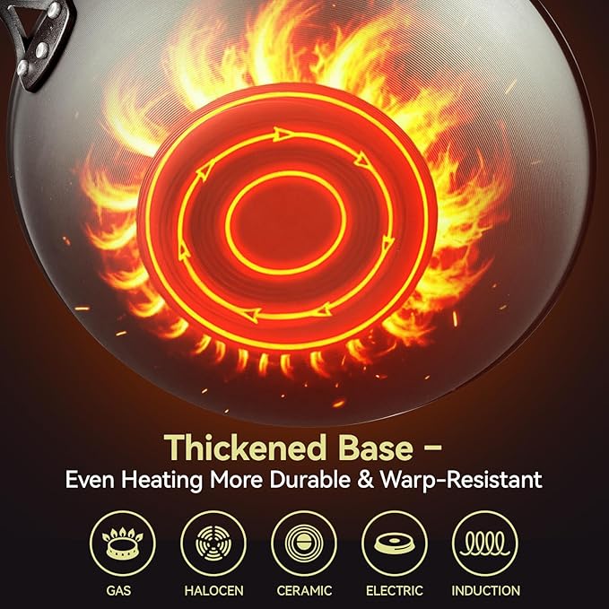 WANGYUANJI 12.6 Inch Iron Wok with Glass Lid, Flat Bottom Stir Fry Pan with Wooden Handle, Non-Coated Naturally Nonstick Skillet, Traditional Chinese Wok for Gas, Electric & Induction Cooking