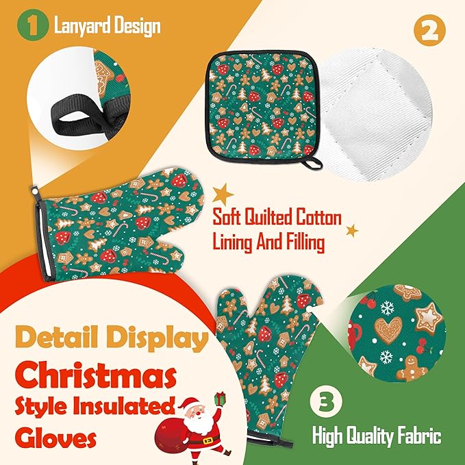 Oven Mitts Pot Holders Set 3 for Kitchen, Christmas Candy Biscuit Insulation Oven Gloves Heat Resistant Pot Pads Cook Essentials Accessories for BBQ Baking Cooking Kitchen Decor Gifts for Women