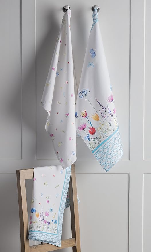 Maison d' Hermine Kitchen Towels Set of 2 100% Cotton 27.50" x 20" Reusable Cloth Tea Dish Towels Absorbent with Hanging Loop for Kitchen, Dining, Cocktail Parties Spring/Summer (Flower in The Field)