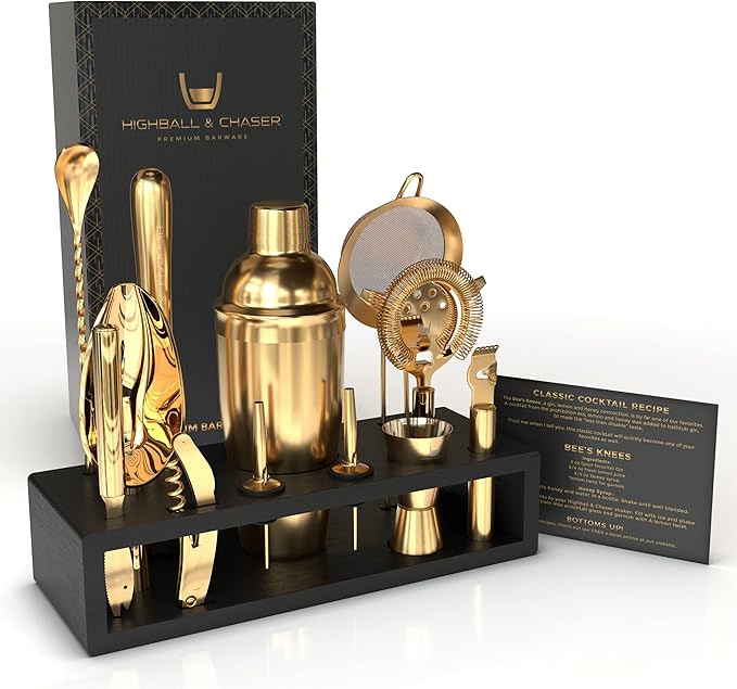 Highball & Chaser Bartender Kit with Espresso Bamboo Stand. Beautiful Cobbler Cocktail Shaker Set with Bar Tools Rustproof Stainless Steel Bar Set (Matte Gold)