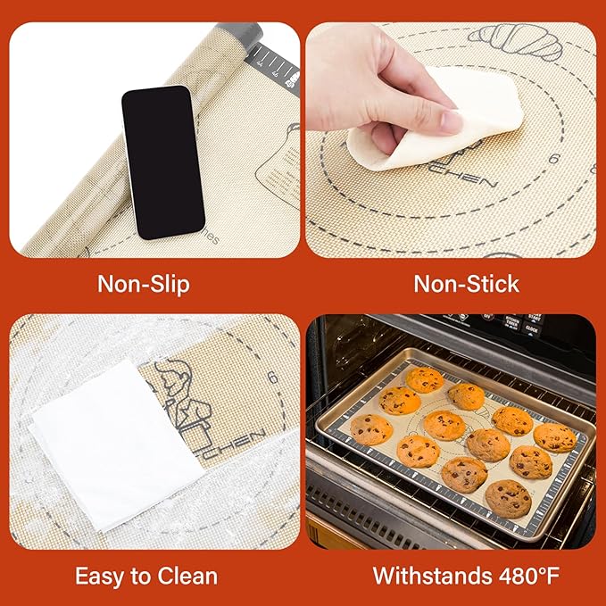 Silicone Baking Mat with Cookie Recipes, Extra Thick Silicone Mat for Baking Macaron, Bread, Pizza, Non Stick Pastry Mat for Dough Rolling Out, Heat Resistant to 480°F Gift for Baker