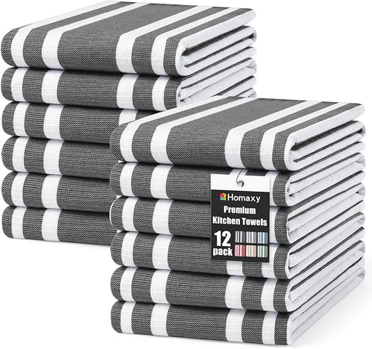 Homaxy Premium Kitchen Towels 18”x 28”, Large Cotton 380 GSM Kitchen Hand Towels, Stripe and Terry Dish Towel, Highly Absorbent Tea Towel Set with Hanging Loop, 12 Pack, Black