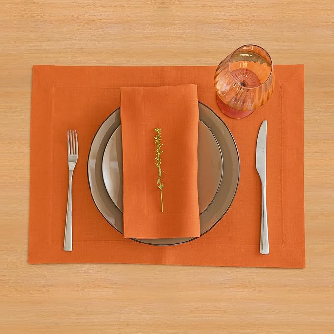 Solino Home Linen Placemats Set of 4 - Persimmon Orange Placemats 14 x 19 Inch - 100% Pure Linen Table Place Mats for Fall, Autumn, Thanksgiving, Christmas - Fete