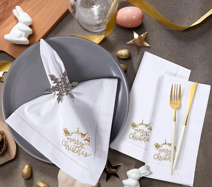Bedding Craft Cotton Cloth Dinner Napkins Set of 12 – 18x18 White with Gold Embroidery – Reusable Machine Washable Fabric Napkins for Weddings, Parties & Everyday Dining