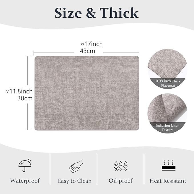 FROMHEART Faux Leather Placemats Set of 4–Waterproof,Heat/Oil Stain-Resistant PU Table Mat–Reversible,Non-Slip,Easy to Clean Place Mats for Kitchen,Dining,Indoor/Outdoor,(Light Grey,11.8" x 17")