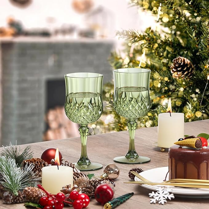 XUWAIDSGN 16 Pcs 7oz Plastic Vintage Wine Glasses Drinking Glasses Unbreakable Wedding Glassware Crystal Water Goblets Reusable Drinkware Vintage Champagne Flutes (16, Dark Green)