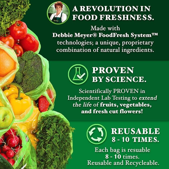 Debbie Meyer, GreenBags 40-Pack (16M, 16L, 8XL) | Reusable Storage Bags Keeps Fruit, Vegetables, Produce, Cut Flowers Fresh Longer, Kitchen & Fridge Preservation Solution, BPA Free, Made in the USA