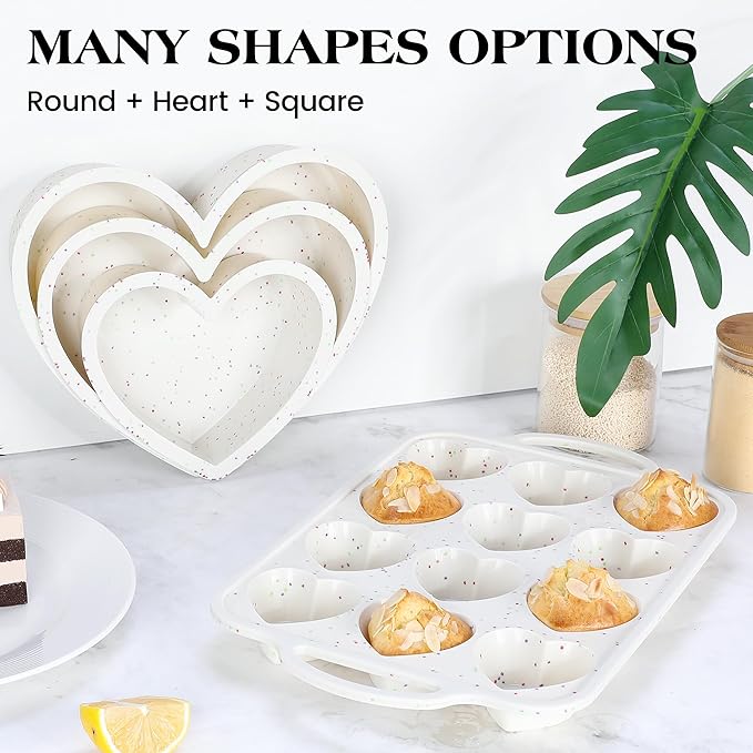 1 Pc Heart Shaped Muffin Pan with Metal Reinforced Frame 12 Cup Nonstick Silicone Heart Cake Mold for Baking 2.5 Inch Cupcake Tray (Cream)