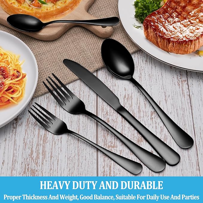 40 Pcs Black Silverware Set, Stainless Steel Flatware Set Service for 8, Mirror Polished Cutlery Utensil Set, Durable Home Kitchen Eating Tableware Set, Include Fork Knife Spoon Set, Dishwasher Safe