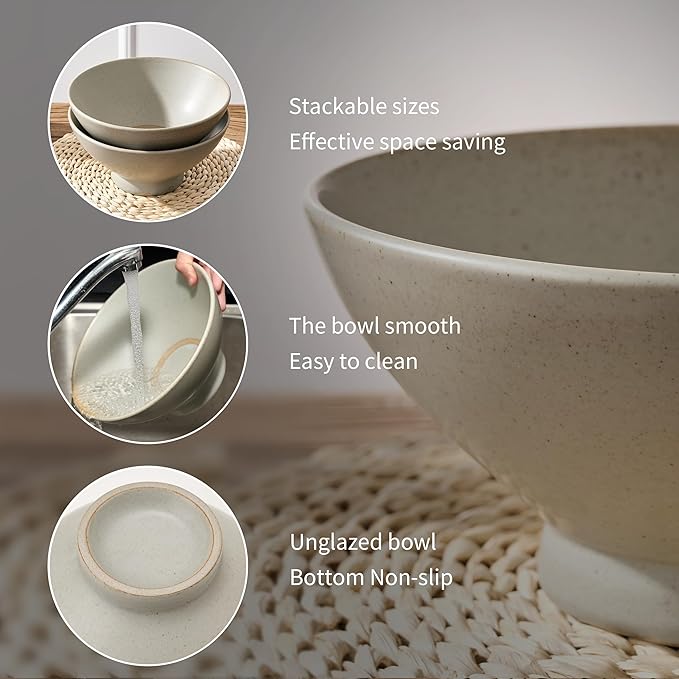 Ceramic Japanese Ramen Bowl Set, 8 Inch Large Noodle Bowl Set of 2, Dishwasher Safe for Asian Pho Udon Soba Noodle, Salad Pasta, Deep Soup Bowls, Speckled Light Gray