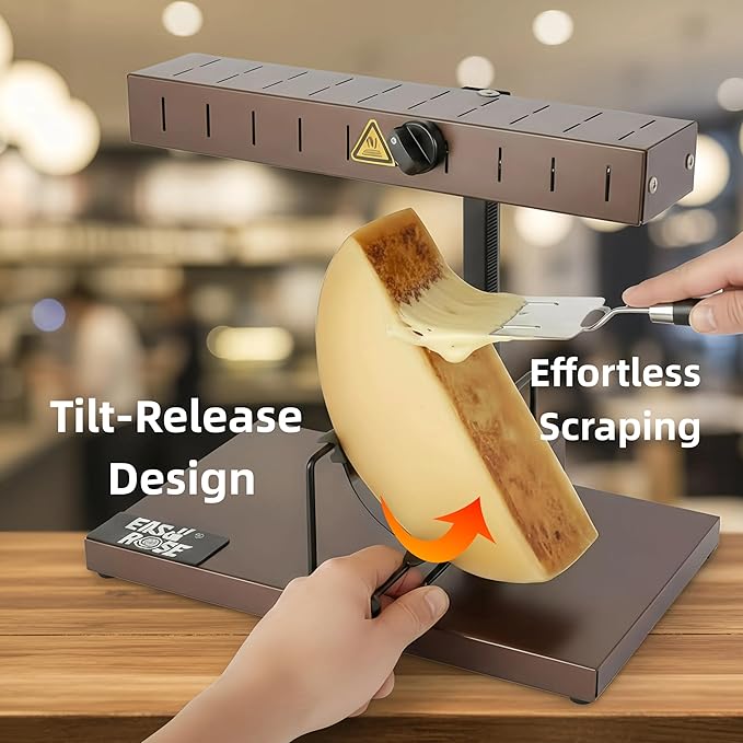 Commercial Electric Raclette Cheese Melter Grill – 850W with Tilt-Release Pan, Rack & Pinion Height Control for Half-Wheels Cheeses Countertop Melt Station for Restaurants & Catering Kitchens