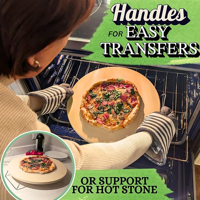 16 inch Round Pizza Baking Stone - Large Pizza Stone for Grill with Handles and Dough Tool - Baking Stone for Bread - Pizza Making Accessories - Cooking Gifts for Food Lovers