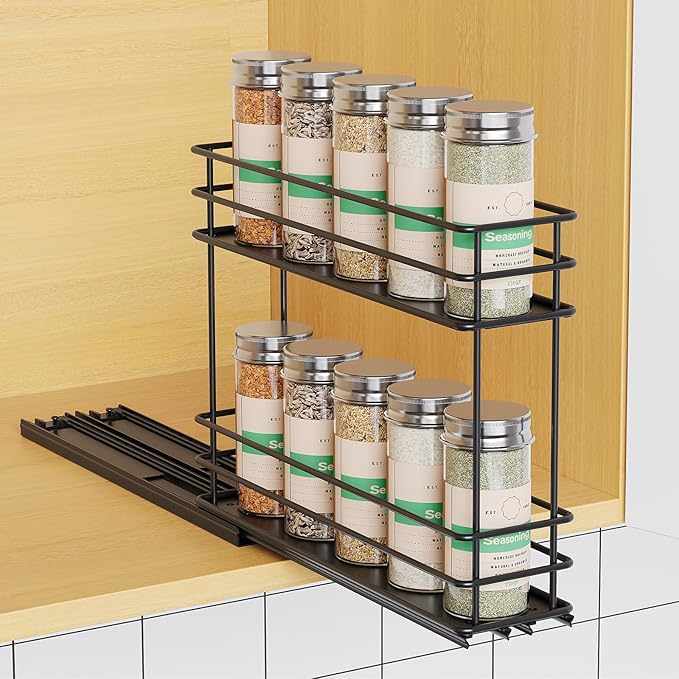 Pull Out Spice Rack Organizer for Cabinet, Slide Out Spice Racks, Easy to Install Spice Cabinet Organizer, 2.1''Wx10.35''Dx8.26''H, 1 Drawers 2 Tiers（Black）