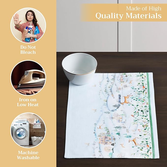 Maison d' Hermine Placemats Set of 4 100% Cotton Washable Cloth Place Mats, Reusable Table Mats for Thanksgiving Christmas Decorations Kitchen Dining Party Wedding Restaurant (Snowy World, 13" x 19")