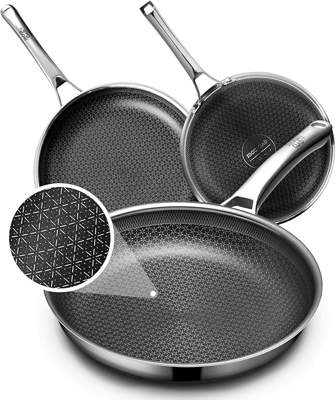 Non Stick Frying Pans Set, Hybrid Pans Set Nonstick (8+10+12inch),Skillets for cooking, PFOA Free Stainless Steel Kitchen set, Dishwasher and Oven-Safe Cookware Sets