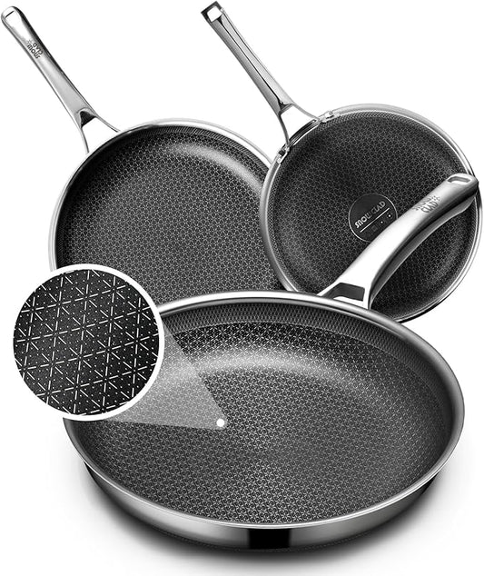 Non Stick Frying Pans Set, Hybrid Pans Set Nonstick (8+10+12inch),Skillets for cooking, PFOA Free Stainless Steel Kitchen set, Dishwasher and Oven-Safe Cookware Sets