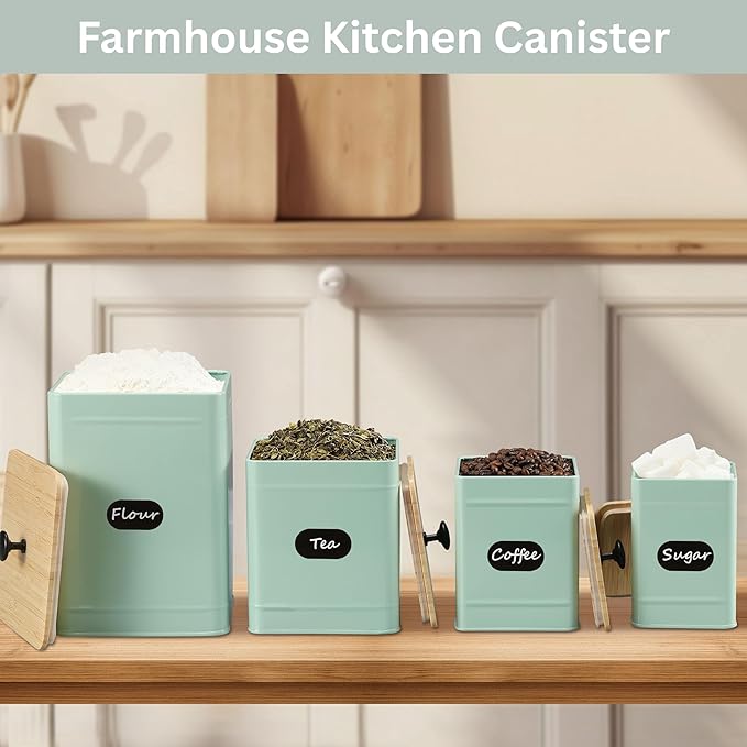 PERFNIQUE Kitchen Canisters, Airtight Canister Sets of 4 for Kitchen Counter, Sage Green Kitchen Accessories, Coffee Tea Sugar Flour Spice Tin Jars Food Storage (Sage Green)