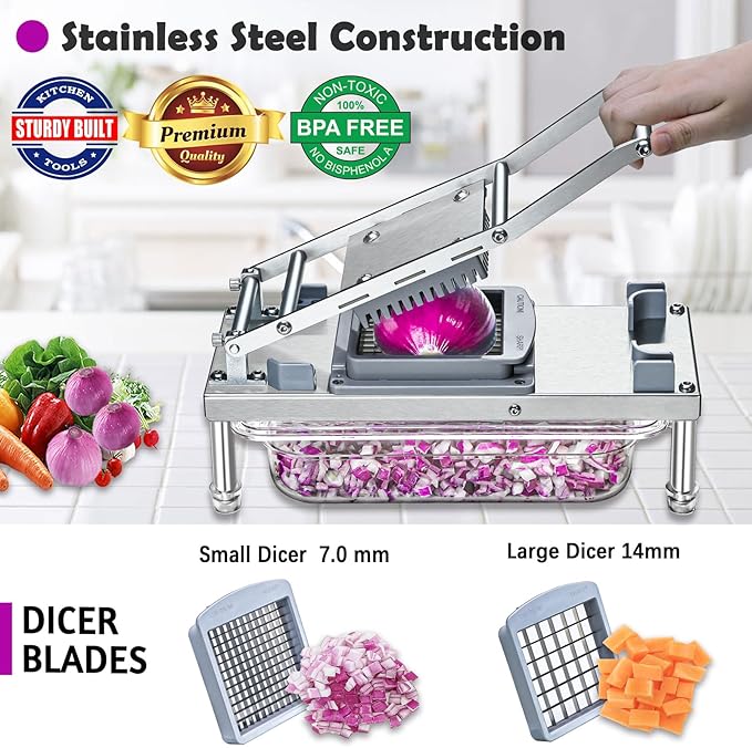 All-in-1 Vegetable Chopper with 8 Blades - Mandoline Slicer-Pro Food Chopper with Container - Veggie Salad Onion Chopper - Potato Dicer French Fry Cutter - Cheese Grater - Stainless Steel material