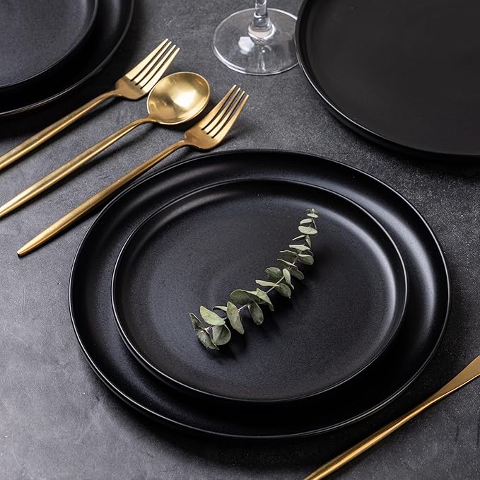 AmorArc Ceramic Dinnerware Sets, Wavy Rim Stoneware Plates and Bowls Sets, Highly Chip and Crack Resistant | Dishwasher & Microwave & Oven Safe Dishes set, Service for 4 (12pc)-Matte Black