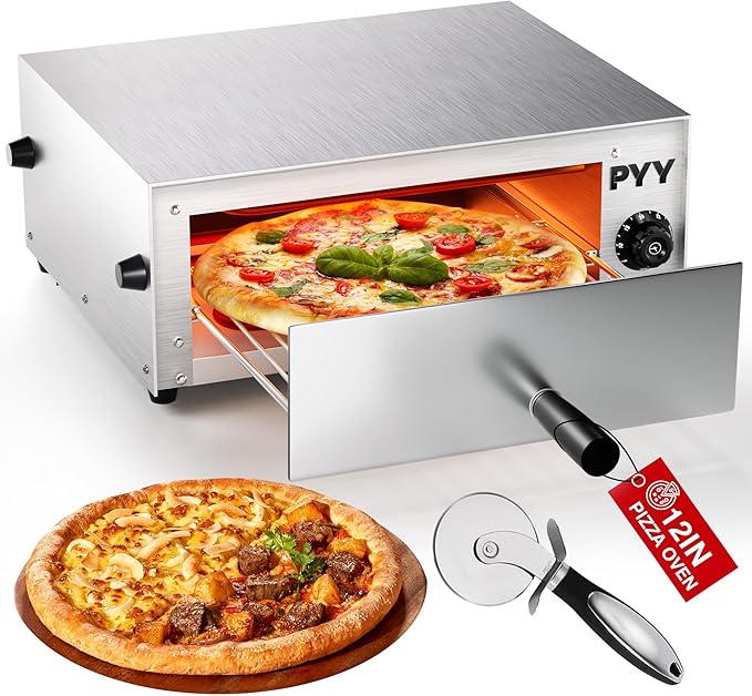 PYY Commercial Pizza Oven Electric - 12 Inch Tabletop Pizza Oven Indoor Stainless Steel Professional Pizza Cooker Baker Countertop with Timer & Crumb Tray for Home Restaurant 1100W,Silver