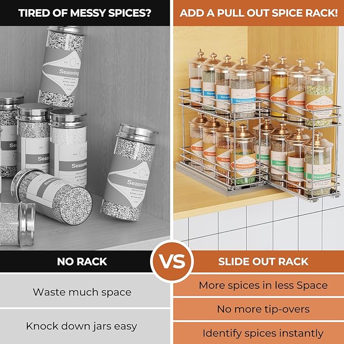 Pull Out Spice Rack Organizer for Cabinet, Slide Out Spice Racks, Easy to Install, 3.0''Wx10.35''Dx8.26''H, 2 Drawers 2 Tiers(Silver)