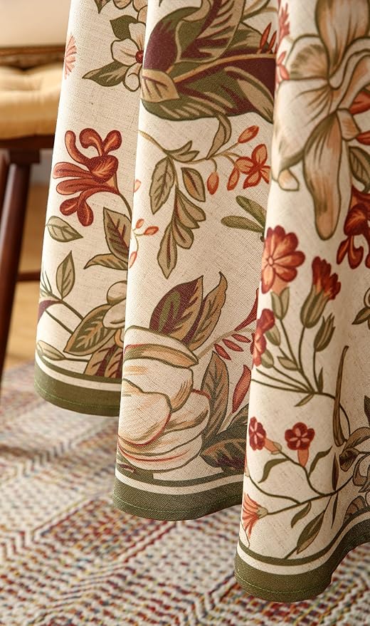 French Tablecloth for Round Tables,Linen Table Cloth with Colorful Flowers Pattern,Heavy Durable Table Cover for Dining Thanksgiving Kitchen Decor Party Christmas,Diameter 67"