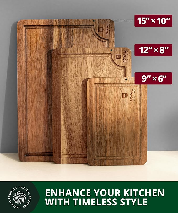 ROYAL CRAFT WOOD Acacia Wood Cutting Boards Set of 3 – Premium Wooden Cutting Boards for Kitchen Meal Prep & Serving - Charcuterie & Chopping Butcher Block for Meat with Deep Juice Groove Side Handles
