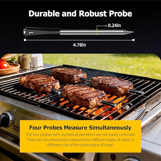Wireless Meat Thermometer with APP Control，4 Probes Meat Thermometer Digital, Unlimited Range WiFi & Bluetooth Meat Thermometerfor for Rotisserie，Grill，Oven，Smoker，BBQ, Air Fryer